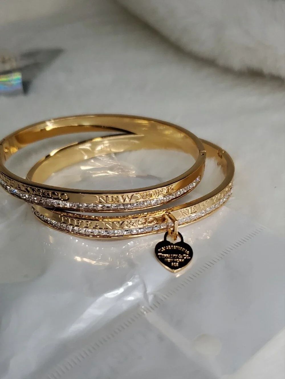 Fashion Jewelry Tiff  Gold-Tone Crystal Bangle Bracelets with Heart Charm